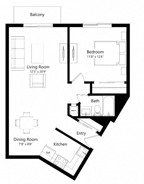 Floor plan for 1 bed, 1 bath, 655 sqft